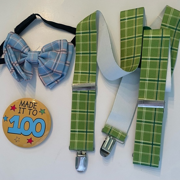 Grandpa Kit 100 days of school 3 piece costume set bow, suspenders, button New - Picture 5 of 5